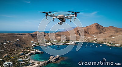 quadrocopter in flight, close-up of quadrocopter in the air, drone in action, clos-up of drone with camera Stock Photo