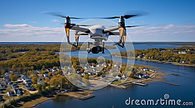 quadrocopter in flight, close-up of quadrocopter in the air, drone in action, clos-up of drone with camera Stock Photo