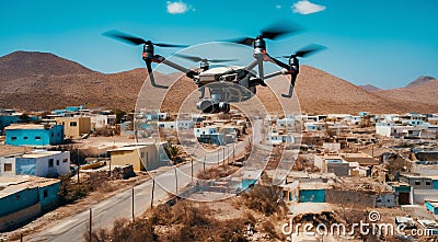 quadrocopter in flight, close-up of quadrocopter in the air, drone in action, clos-up of drone with camera Stock Photo