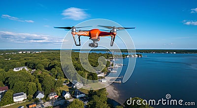 quadrocopter in flight, close-up of quadrocopter in the air, drone in action, clos-up of drone with camera Stock Photo