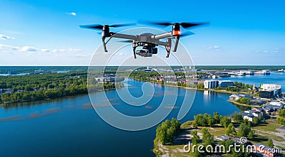 quadrocopter in flight, close-up of quadrocopter in the air, drone in action, clos-up of drone with camera Stock Photo