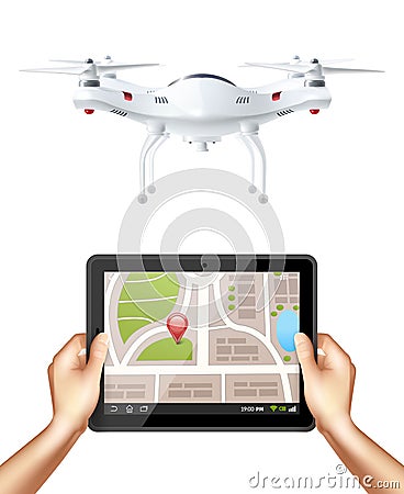 Quadrocopter And Hands Holding Tablet Vector Illustration