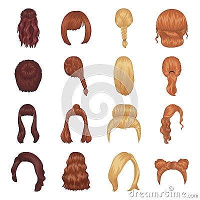 Quads, blond braids and other types of hairstyles. Back hairstyle set collection icons in cartoon style vector symbol Vector Illustration