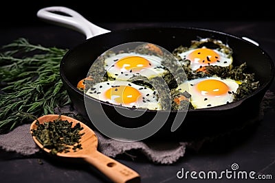 quail eggs fried with asparagus in a nonstick frying pan Stock Photo