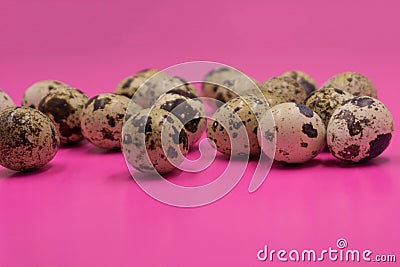 Quail eggs on pink background. Hand arranging the eggs Food mishap Stock Photo