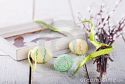 Quail eggs and willow Stock Photo