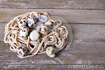 Quail eggs wood background rope Stock Photo