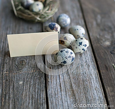 Quail eggs on a wooden table Stock Photo