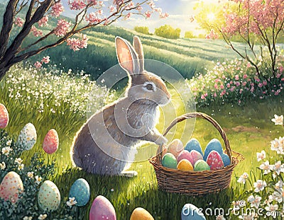 Enchanting Easter Scene: Bunnies, Eggs, and Gardens in the Farmer's Courtyard with a Church in the Background Stock Photo