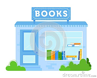 Quaint bookshop front with colorful books on display, blue facade and book sign. Cozy bookstore exterior, urban reading Vector Illustration