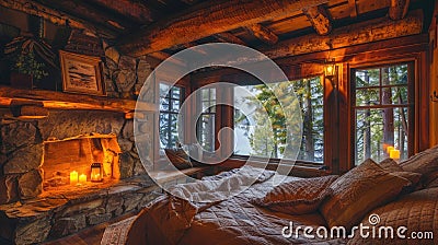 Quaint cabin retreat offering a snug window seat, wooden beams, stonework fireplace, homey quilt bedding, all bathed in Stock Photo