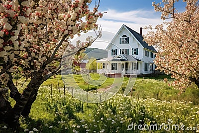 Quaint Farmhouse Nestled Amidst Blooming Apple Orchard. Generative AI Stock Photo