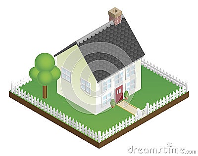 Quaint house with picket fence isometric view Vector Illustration