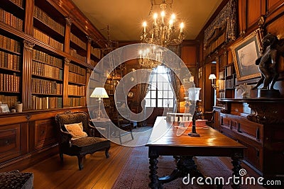 quaint library, with wooden bookshelves and antique lamps, in historical mansion Stock Photo