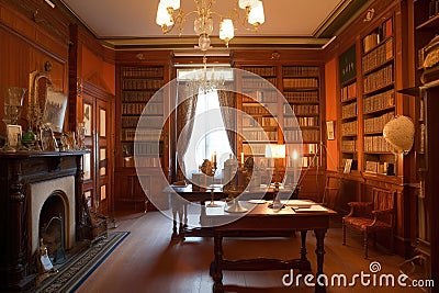 quaint library, with wooden bookshelves and antique lamps, in historical mansion Stock Photo