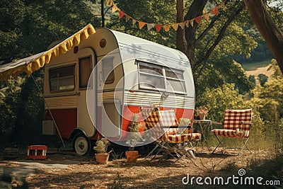 Quaint Old retro caravan. Generate Ai Stock Photo