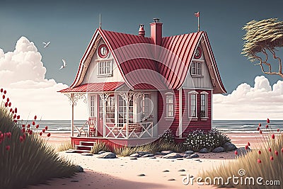 Cute red and white cottage by the beach side Stock Photo