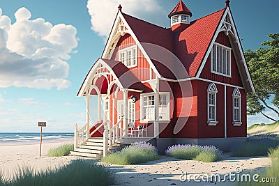 Cute red and white cottage by the beach side Stock Photo