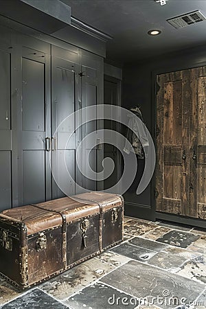A quaint room corner with a vintage vibe, featuring a wooden door, gray lockers, an old trunk, and a hanging jacket Stock Photo