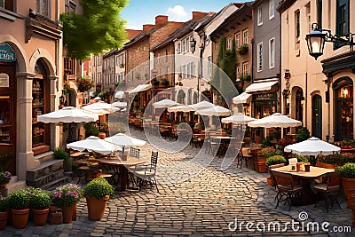 A quaint village square with cobblestone streets, old-fashioned street lamps, Stock Photo