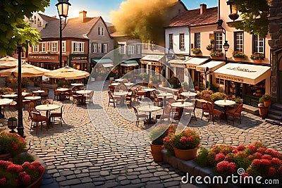 A quaint village square with cobblestone streets, old-fashioned street lamps, Stock Photo