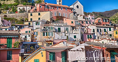 Quaint Village of Vernazza, Cinque Terre. Beautiful colorful homes of Town center Stock Photo