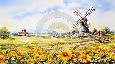Quaint Watercolor Landscape: Sunflowers, Windmill, And Anime Art Stock Photo