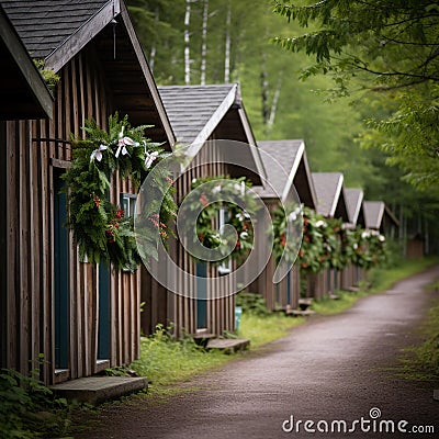 Quaint Wooden Cabins Adorned with Wreaths in Daylight Stock Photo