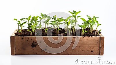 Small wooden potting box filled with seedlings in soil, against white background Stock Photo