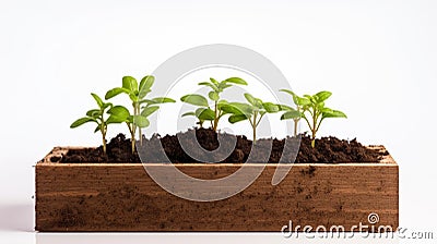 Small wooden potting box filled with seedlings in soil, against white background Stock Photo