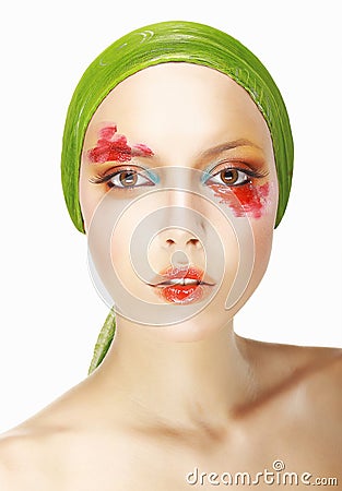 Quaintness & Eccentricity. Styled Woman Face with Theatrical Makeup Stock Photo