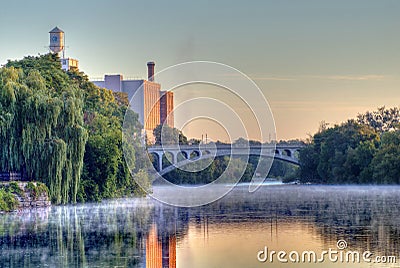 Quaker Oats Building And Hunter Street Bridge In Peterborough, Ontario Stock Photo