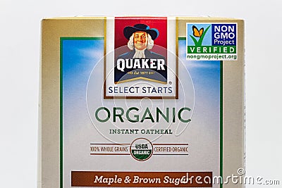 Quaker Organic Oatmeal and Non GMO Verified Logo Editorial Stock Photo