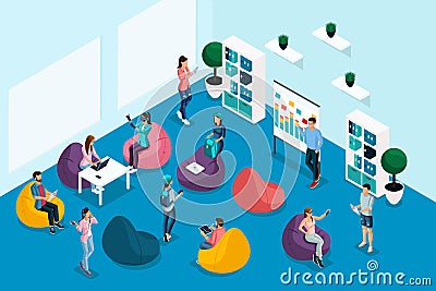 Qualitative Isometry, characters in the coworking center, work communicate are being trained. Advertising concept Vector Illustration