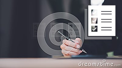 quality assessment management With checklist, Checklist with checkmarks and checkboxes ,accounting documents ,auditor ,management Stock Photo