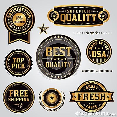 Quality Assurance Labels and Badges Set Cartoon Illustration