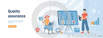 Quality Assurance QA Quality control, Best standard, product satisfaction. Inspection for errors or mistakes. Software testing. Vector Illustration