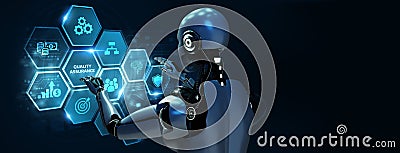 Quality Assurance service guarantee standard. Robot pressing button on virtual screen. 3d render Stock Photo