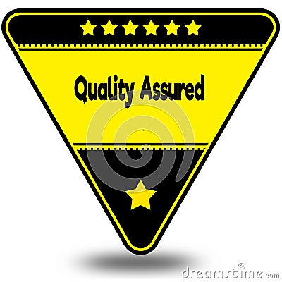 QUALITY ASSURED on black and yellow triangle with shadow. Stock Photo
