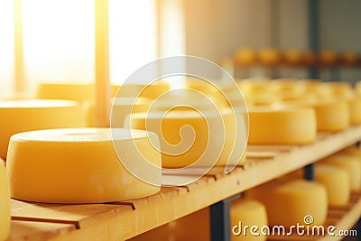 Quality cheese production: rows of ripening circles Stock Photo