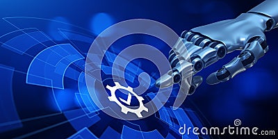 Quality control check. Standards assurance warranty. Robotic hand pressing button on screen 3d render Stock Photo