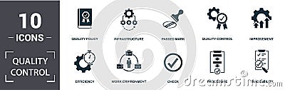 Quality Control icon set. Contain filled flat procedure, infrastructure, traceability, work environment, improvement, check icons Stock Photo