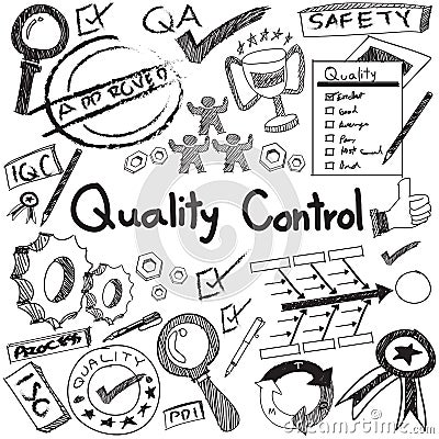 Quality control in manufacturing industry production and operation handwriting doodle sketch design tools sign and symbol in whit Vector Illustration