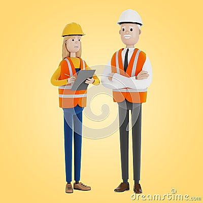 Quality control, production inspection. A civil engineer tells a female inspector about the work done. Cartoon Illustration