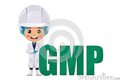 Quality control supervisor. GMP. Good Manufacturing Practices. Implement systems to identify and manage risks in the food industry Vector Illustration