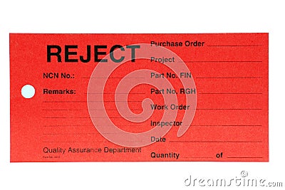 Quality Department Reject Tag Stock Photo