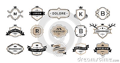 Quality emblem. Premium vintage badges. Luxury brand stamps. Graphic business logos with ribbons and crowns Vector Illustration