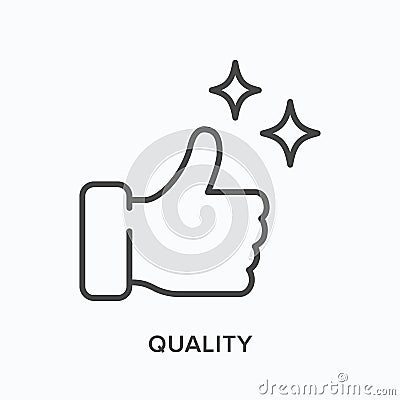 Quality flat line icon. Vector outline illustration of thumb up. Black thin linear pictogram for approve gesture Vector Illustration