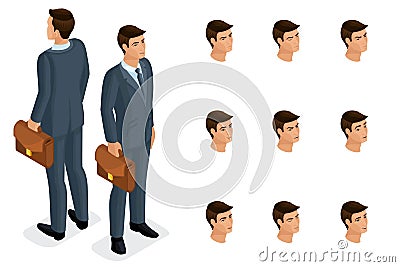 Quality Isometry, a 3D businessman with glasses. Character with a set of emotions for creating quality Vector Illustration