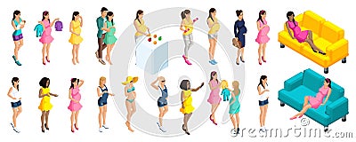Quality Isometry, a large set of 3D girls pregnant, goes in for sports, eats properly, cares, buys things, walks Vector Illustration